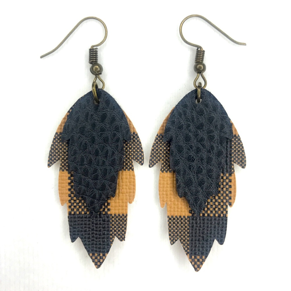 Orange Buffalo Plaid Leaf Earrings
